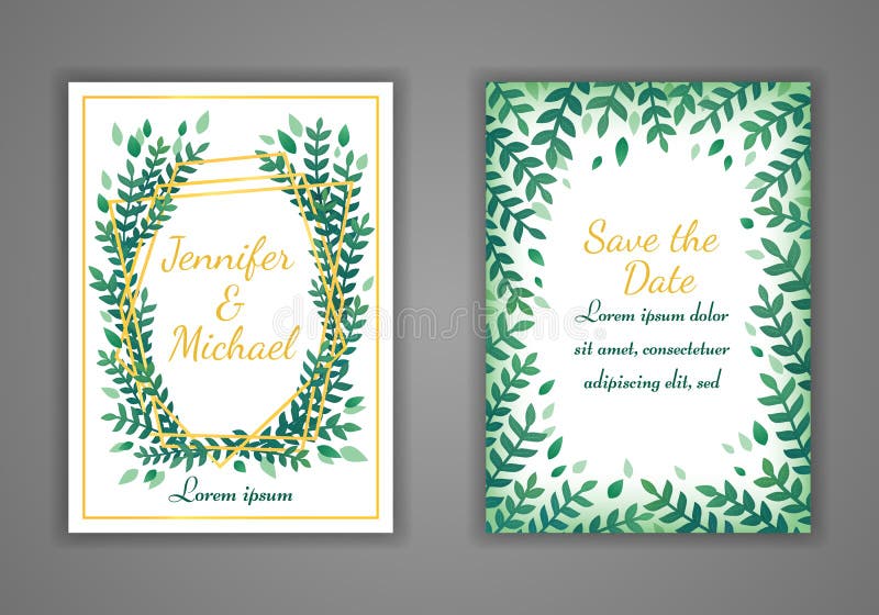 Ensemble de cartes rectangulaires d'invitation de mariage Feuilles vertes et cadre d'or sur un fond blanc Vecteur illustration libre de droits Ensemble de cartes rectangulaires d'invitation de mariage Feuilles vertes et cadre d'or sur un fond blanc Vecteur illustration libre de droits