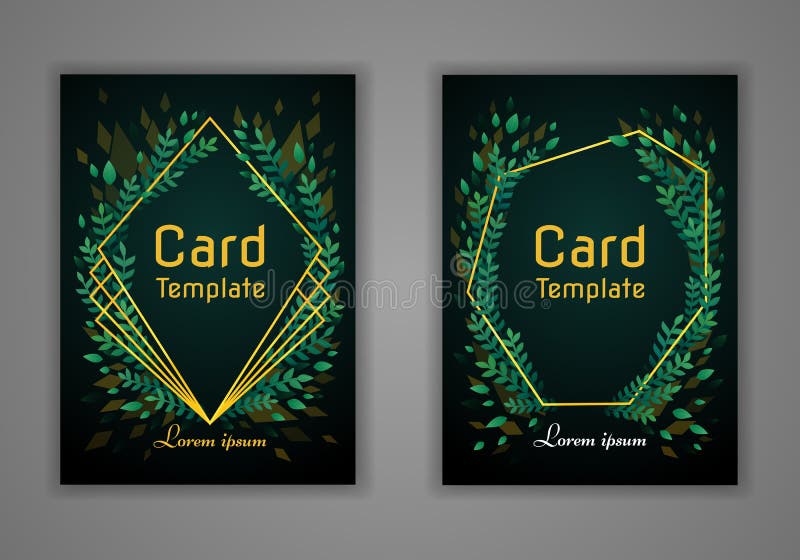 Ensemble de cartes rectangulaires d'invitation de mariage Feuilles vertes et cadre d'or sur un fond foncé Vecteur illustration libre de droits Ensemble de cartes rectangulaires d'invitation de mariage Feuilles vertes et cadre d'or sur un fond foncé Vecteur illustration libre de droits