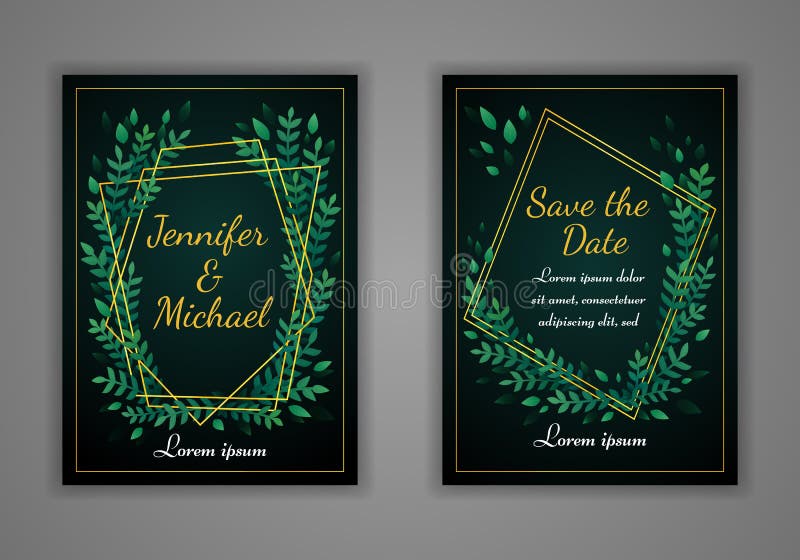 Ensemble de cartes rectangulaires d'invitation de mariage Feuilles vertes et cadre d'or sur un fond foncé Vecteur illustration de vecteur Ensemble de cartes rectangulaires d'invitation de mariage Feuilles vertes et cadre d'or sur un fond foncé Vecteur illustration de vecteur