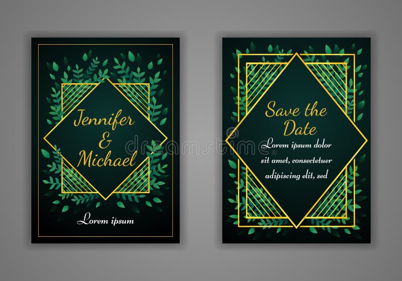Ensemble de cartes rectangulaires d'invitation de mariage Feuilles vertes et cadre d'or sur un fond foncé Vecteur illustration libre de droits Ensemble de cartes rectangulaires d'invitation de mariage Feuilles vertes et cadre d'or sur un fond foncé Vecteur illustration libre de droits