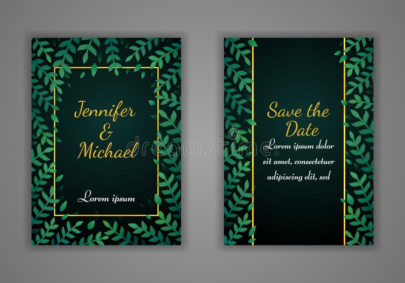 Ensemble de cartes rectangulaires d'invitation de mariage Feuilles vertes et cadre d'or sur un fond foncé Vecteur illustration libre de droits Ensemble de cartes rectangulaires d'invitation de mariage Feuilles vertes et cadre d'or sur un fond foncé Vecteur illustration libre de droits