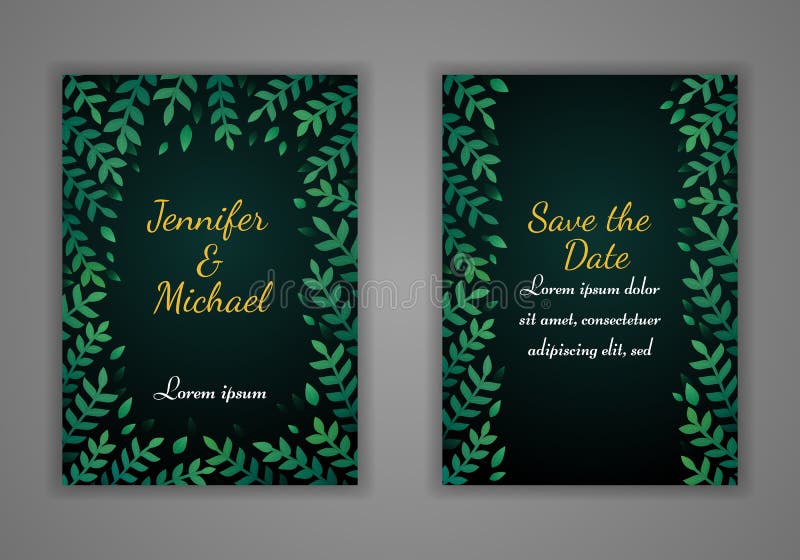 Ensemble de cartes rectangulaires d'invitation de mariage Frontière verte de feuilles sur un fond foncé Vecteur illustration de vecteur Ensemble de cartes rectangulaires d'invitation de mariage Frontière verte de feuilles sur un fond foncé Vecteur illustration de vecteur