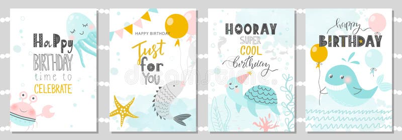 Set of Birthday greeting cards and party invitation templates with cute crab, octopus, fish, turtle and whale. Vector illustration. Set of Birthday greeting cards and party invitation templates with cute crab, octopus, fish, turtle and whale. Vector illustration.
