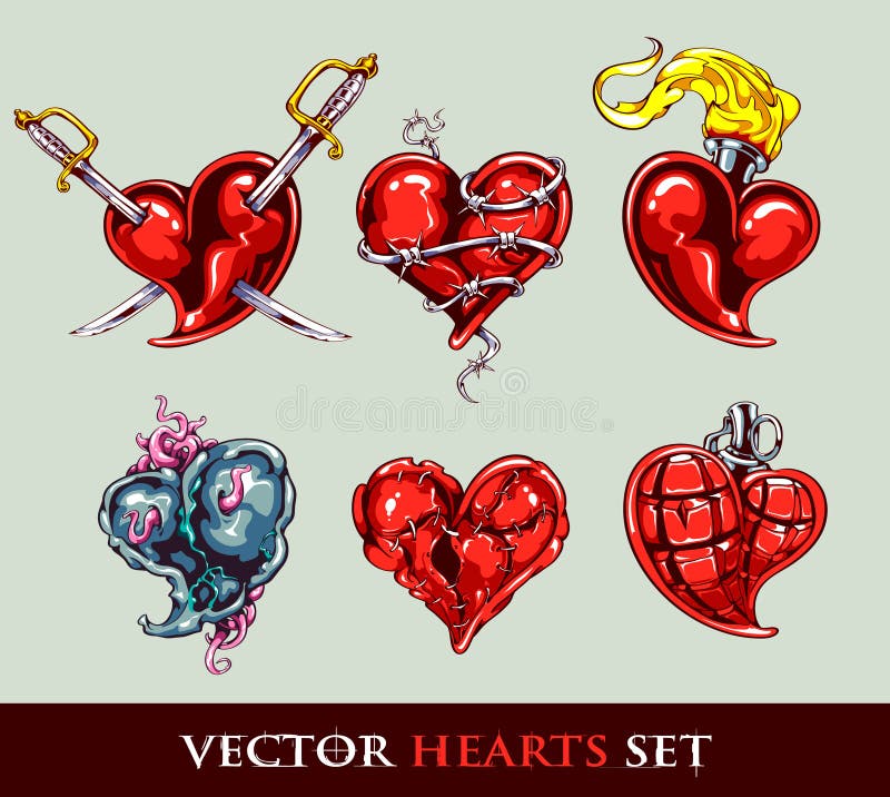 Ensemble de coeurs stylisés de tatouage de vecteur illustration de vecteur Ensemble de coeurs stylisés de tatouage de vecteur illustration de vecteur