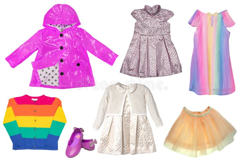 Ensemble de collages pour une petite fille isolée sur fond blanc. la collection de robes élégantes une jupe courte photo stock