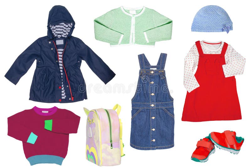 Ensemble de collages de vêtements de printemps de petite fille isolés sur fond blanc. la collection d'une belle veste bleue en bas photographie stock libre de droits