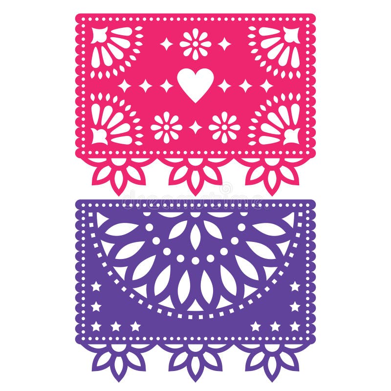 Ensemble de conception de calibre de Papel Picado, fleurs de papier mexicaines de décorations et formes géométriques, deux banniè illustration de vecteur Ensemble de conception de calibre de Papel Picado, fleurs de papier mexicaines de décorations et formes géométriques, deux banniè illustration de vecteur