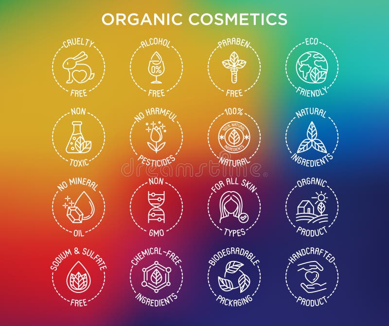Ensemble de cosmétiques organique fine ligne icônes pour l'emballage du produit. Eco libres libre de paraben naturel d'ingrédients