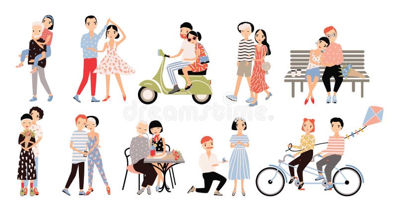 Ensemble de couples dans l'amour Différentes situations romantiques marchant, parlant, recyclage, étreignant, proposition de mari illustration stock Ensemble de couples dans l'amour Différentes situations romantiques marchant, parlant, recyclage, étreignant, proposition de mari illustration stock