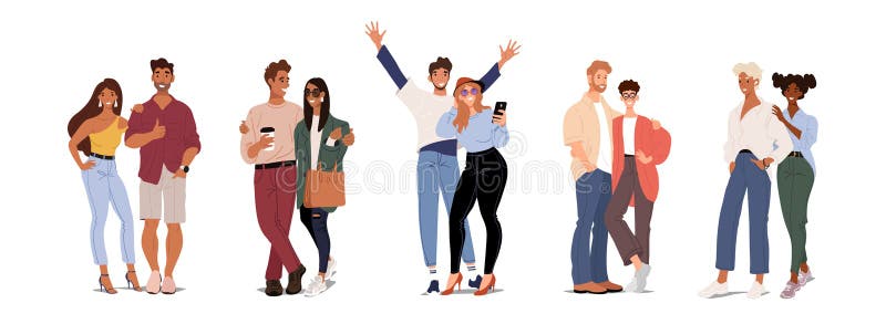 Set of modern heterosexual couples, colleagues, friends. Groups of young students, people in love. The concept of relationships and dating. Flat vector cartoon illustration isolated on white background. Set of modern heterosexual couples, colleagues, friends. Groups of young students, people in love. The concept of relationships and dating. Flat vector cartoon illustration isolated on white background