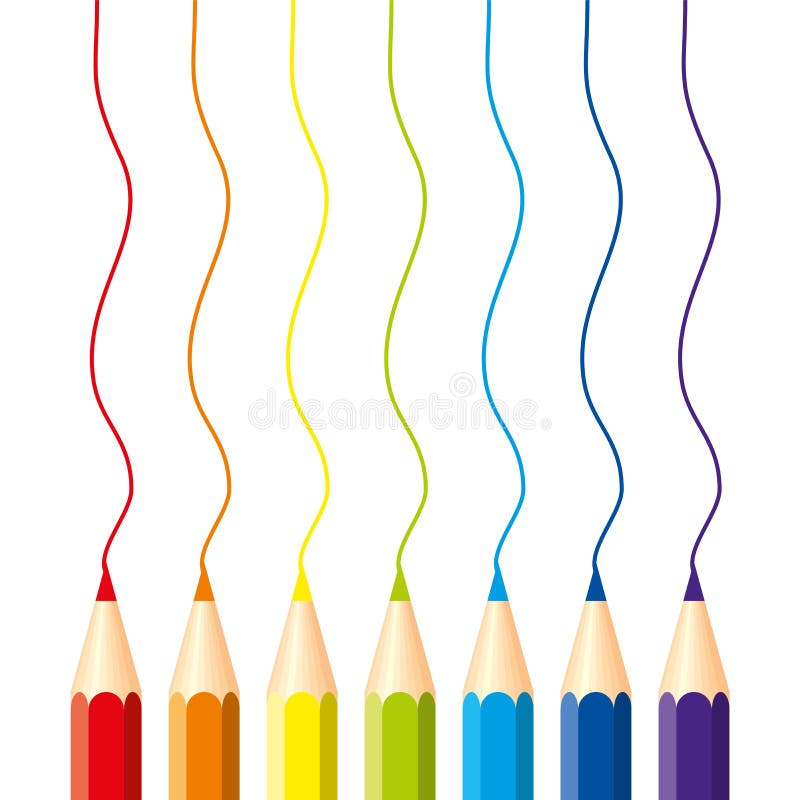 Ensemble de crayons colorés d'isolement : rouge, orange, bleu, bleu-clair, violet, vert, jaune, avec les lignes onduleuses vertic illustration stock Ensemble de crayons colorés d'isolement : rouge, orange, bleu, bleu-clair, violet, vert, jaune, avec les lignes onduleuses vertic illustration stock