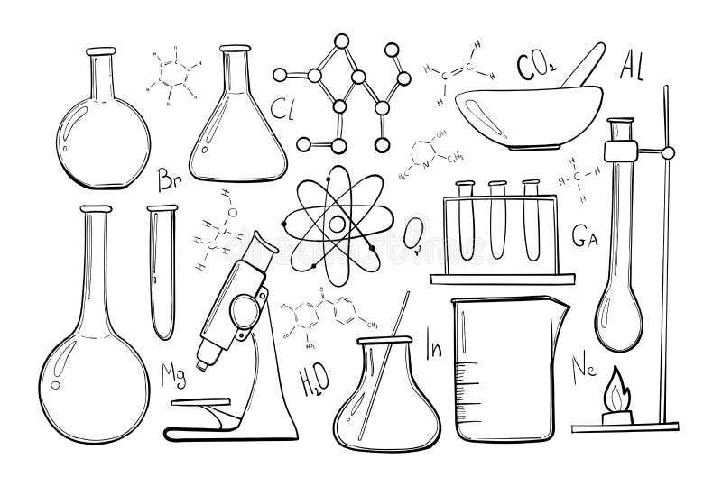 Ensemble de croquis d'équipement de laboratoire Chimie de la Science Microscope, flacons en verre et tubes à essai Expériences ch illustration libre de droits Ensemble de croquis d'équipement de laboratoire Chimie de la Science Microscope, flacons en verre et tubes à essai Expériences ch illustration libre de droits