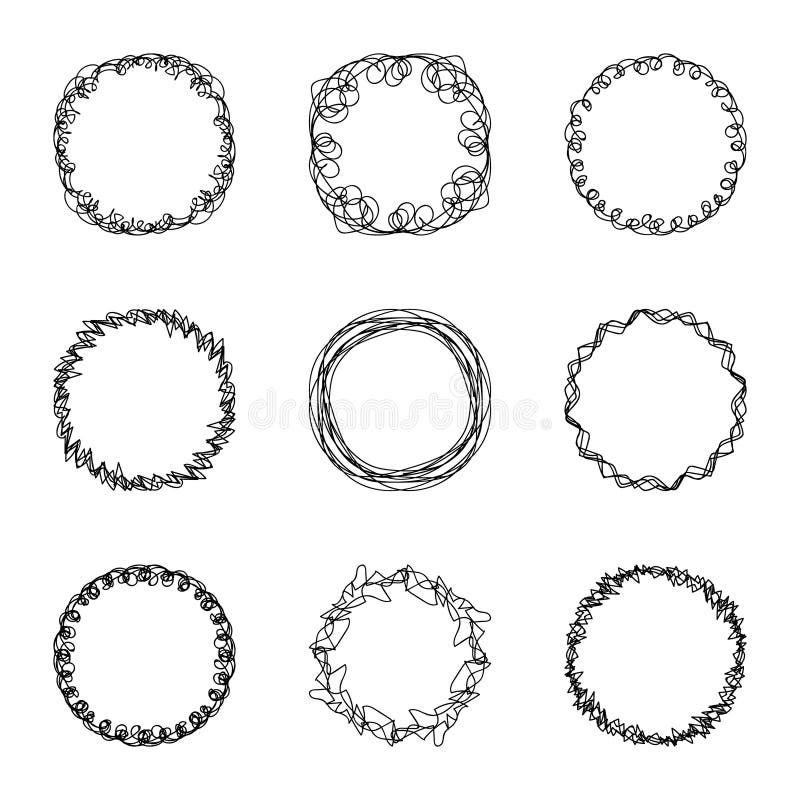 Ensemble de croquis rond chaotique abstrait de brosse du cadre neuf illustration stock Ensemble de croquis rond chaotique abstrait de brosse du cadre neuf illustration stock