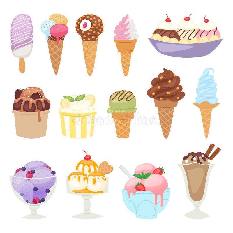 Ensemble de crème glacée différente d'isolement sur l'illustration blanche de vecteur de dessert de bande dessinée de fond illustration stock Ensemble de crème glacée différente d'isolement sur l'illustration blanche de vecteur de dessert de bande dessinée de fond illustration stock