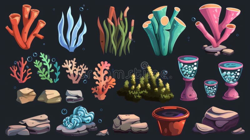 Set of cartoon underwater plants and animals. Reef sea bottom elements including plants and corals, fish, stones and broken pottery. Oceanic world creatures for seabed designs.. AI generated. Set of cartoon underwater plants and animals. Reef sea bottom elements including plants and corals, fish, stones and broken pottery. Oceanic world creatures for seabed designs.. AI generated