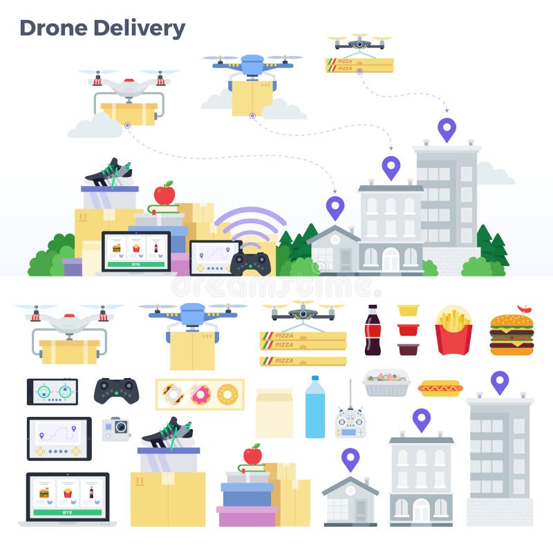 Ensemble de différents drones avec panneaux de commande pour la livraison de marchandises vectorielle illustration en conception p. Un ensemble de différents drones avec des panneaux de contrôle pour la livraison de marchandises gadgets alimentaires avec une application de maisons grises avec point de localisation illustration vectorielle dans un dessin plat isolé sur blanc.
