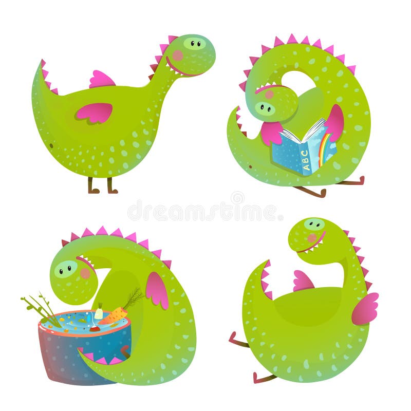 Ensemble de dragons de bande dessinée d'amusement illustration stock Ensemble de dragons de bande dessinée d'amusement illustration stock