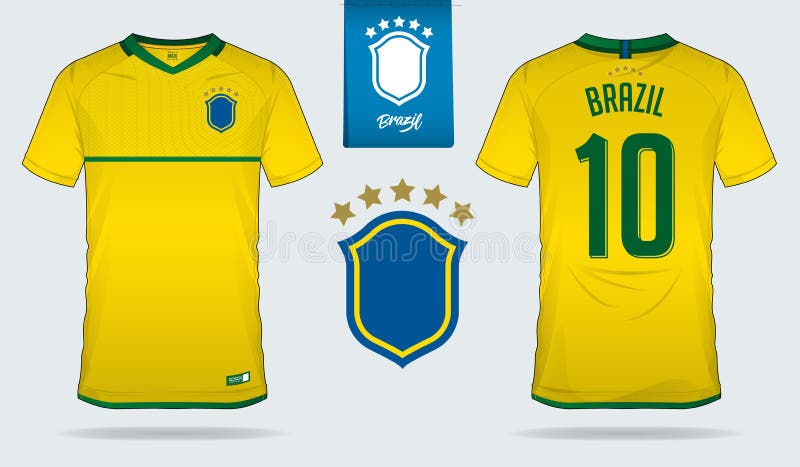 Set of soccer jersey or football kit template design for Brazil national football team. Front and back view soccer uniform. Football t shirt mock up. Vector Illustration. Set of soccer jersey or football kit template design for Brazil national football team. Front and back view soccer uniform. Football t shirt mock up. Vector Illustration