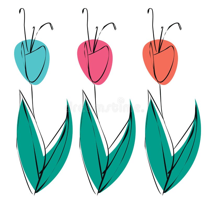 Ensemble de fleurs de croquis des contours noirs et couleurs de suffisance des diff?rentes - s'est lev?, le bleu, orange illustration libre de droits Ensemble de fleurs de croquis des contours noirs et couleurs de suffisance des diff?rentes - s'est lev?, le bleu, orange illustration libre de droits