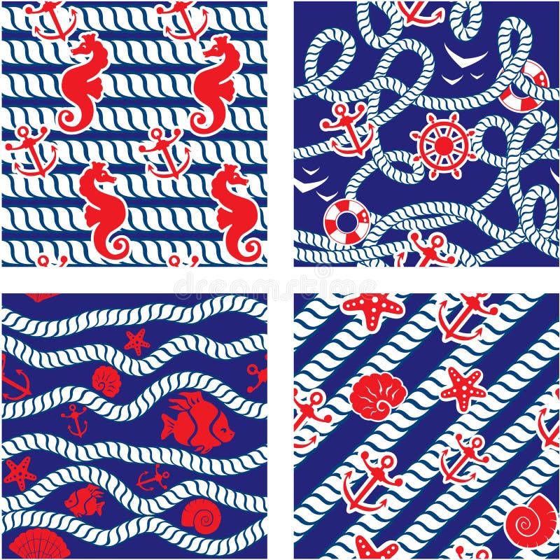 Set of Seamless nautical patterns on blue background with rope, sea horses, fishes, sea stars, anchors, wheels, shells. Set of Seamless nautical patterns on blue background with rope, sea horses, fishes, sea stars, anchors, wheels, shells