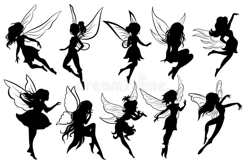 Ensemble de fées Collection de silhouettes de fées pour filles Illustration du vecteur noir blanc pour enfants Les filles magique Ensemble de fées Collection de silhouettes de fées pour filles Illustration du vecteur noir blanc pour enfants Les filles magique