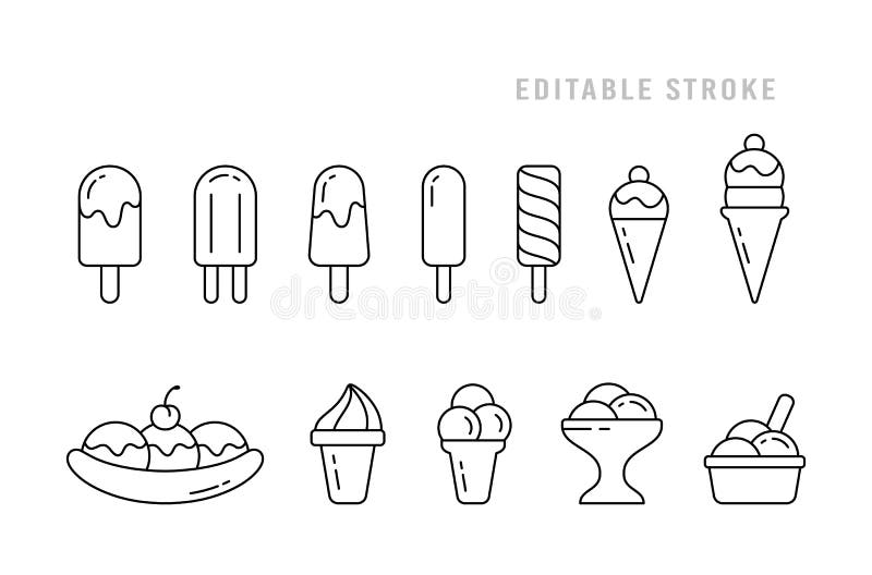 Ensemble de glace. Icône linéaire de différents types. Cuvette esquimaude des tornades de banana split d'esquimaux de cône de gauf illustration stock