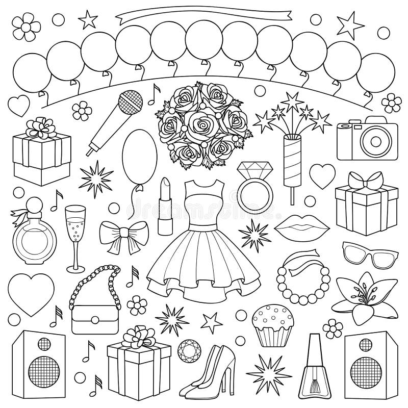 Party doodle set with girl objects and elements on white background. Coloring page. Party doodle set with girl objects and elements on white background. Coloring page.