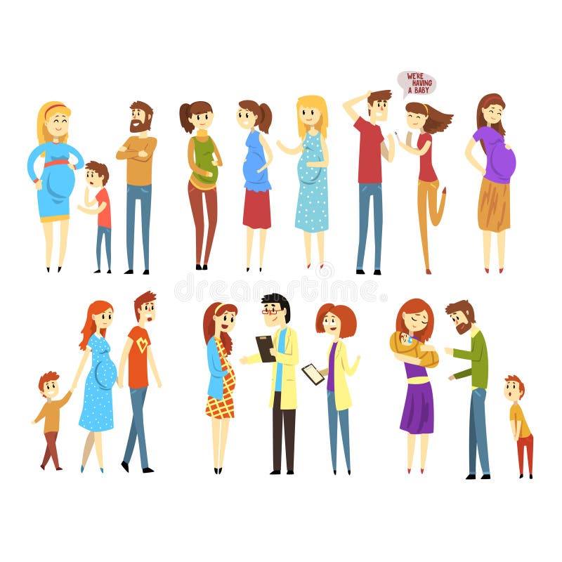 Ensemble de jeunes familles Personnes de bande dessinée attendant le bébé né Femmes enceintes Fille à la réception du docteur s M illustration de vecteur Ensemble de jeunes familles Personnes de bande dessinée attendant le bébé né Femmes enceintes Fille à la réception du docteur s M illustration de vecteur