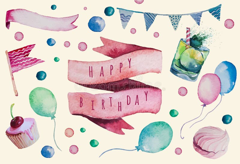 Ensemble de joyeux anniversaire d'aquarelle Vintage tiré par la main illustration libre de droits Ensemble de joyeux anniversaire d'aquarelle Vintage tiré par la main illustration libre de droits