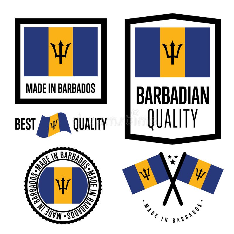 Barbados quality isolated label set for goods. Exporting stamp with barbadian flag, nation manufacturer certificate element, country product vector emblem. Made in Barbados badge collection. Barbados quality isolated label set for goods. Exporting stamp with barbadian flag, nation manufacturer certificate element, country product vector emblem. Made in Barbados badge collection.