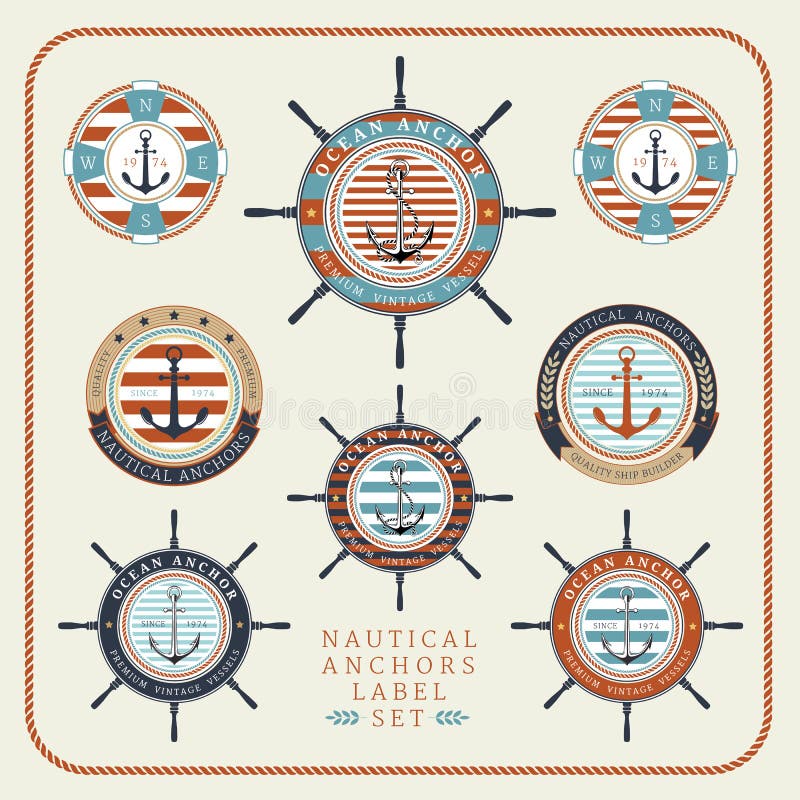 Nautical anchors label set in blue, yellow and red colours. Nautical anchors label set in blue, yellow and red colours