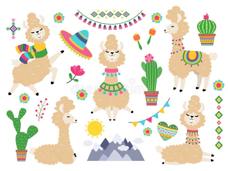 Ensemble de lama Alpaga de bande dessinée de lamas de bébé, lama sauvage Vecteur d'éléments d'invitation de fille