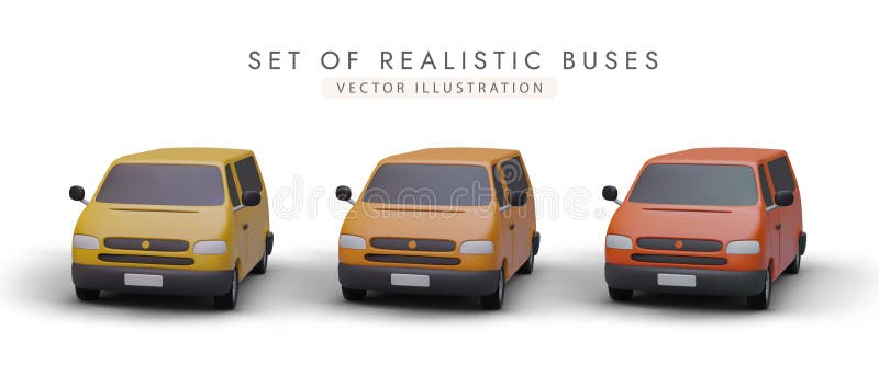 Set of realistic mini buses in different colors. Minivans for transporting groups of people. Collection for site for renting and selling cars. Tourist service. Set of realistic mini buses in different colors. Minivans for transporting groups of people. Collection for site for renting and selling cars. Tourist service