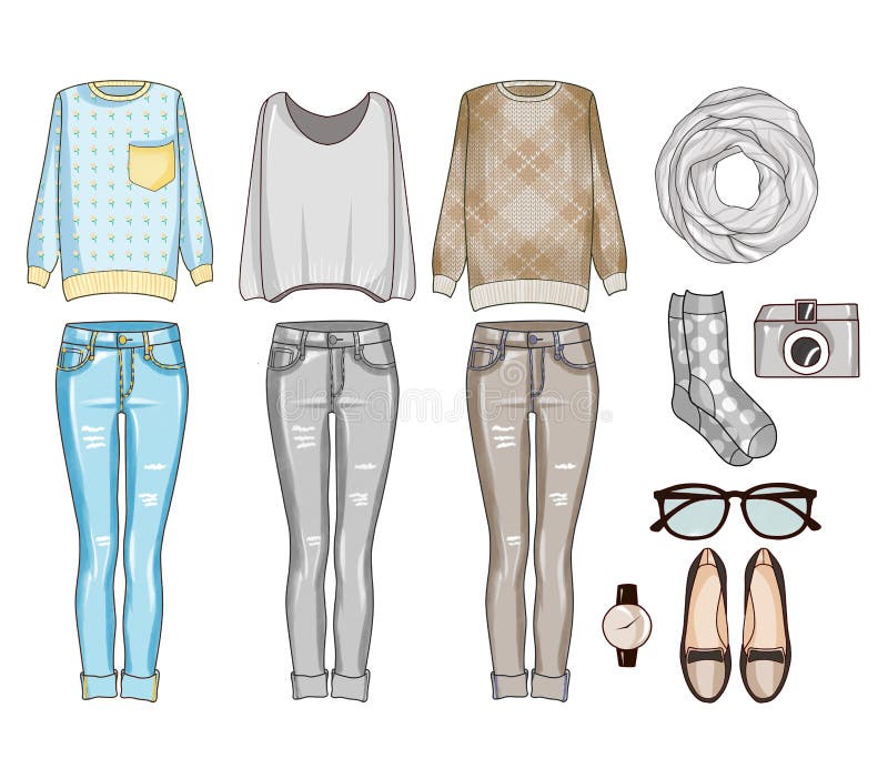 set of woman's clothes, accessories, and shoes . Casual outfits in grey, blue and brown color shades - fashion clip art. set of woman's clothes, accessories, and shoes . Casual outfits in grey, blue and brown color shades - fashion clip art