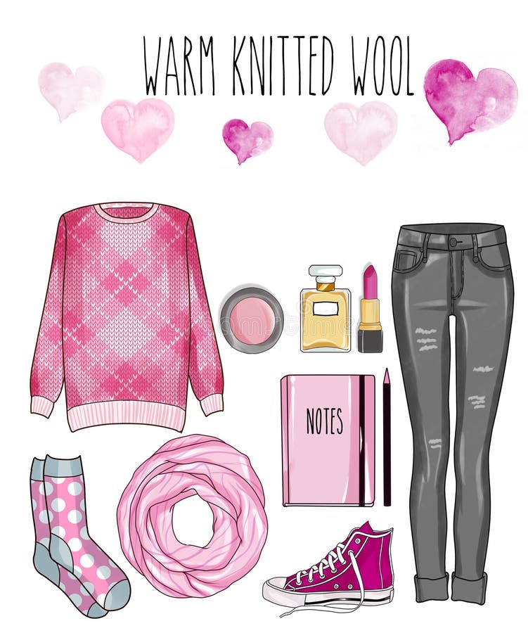 Ensemble de mode des vêtements, des accessoires, et des chaussures de la femme - jeans gris de denim, chandail de knit de laine, illustration de vecteur Ensemble de mode des vêtements, des accessoires, et des chaussures de la femme - jeans gris de denim, chandail de knit de laine, illustration de vecteur