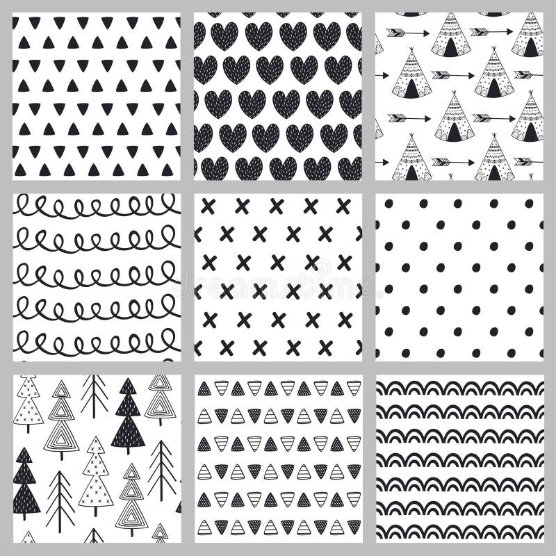 Ensemble de modèle sans couture noir et blanc dans le style scandinave illustration stock Ensemble de modèle sans couture noir et blanc dans le style scandinave illustration stock