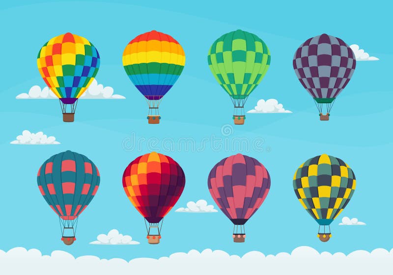 Ensemble de montgolfières aux couleurs vives dans le ciel avec des nuages Conception des icônes Vecteur illustration de vecteur Ensemble de montgolfières aux couleurs vives dans le ciel avec des nuages Conception des icônes Vecteur illustration de vecteur