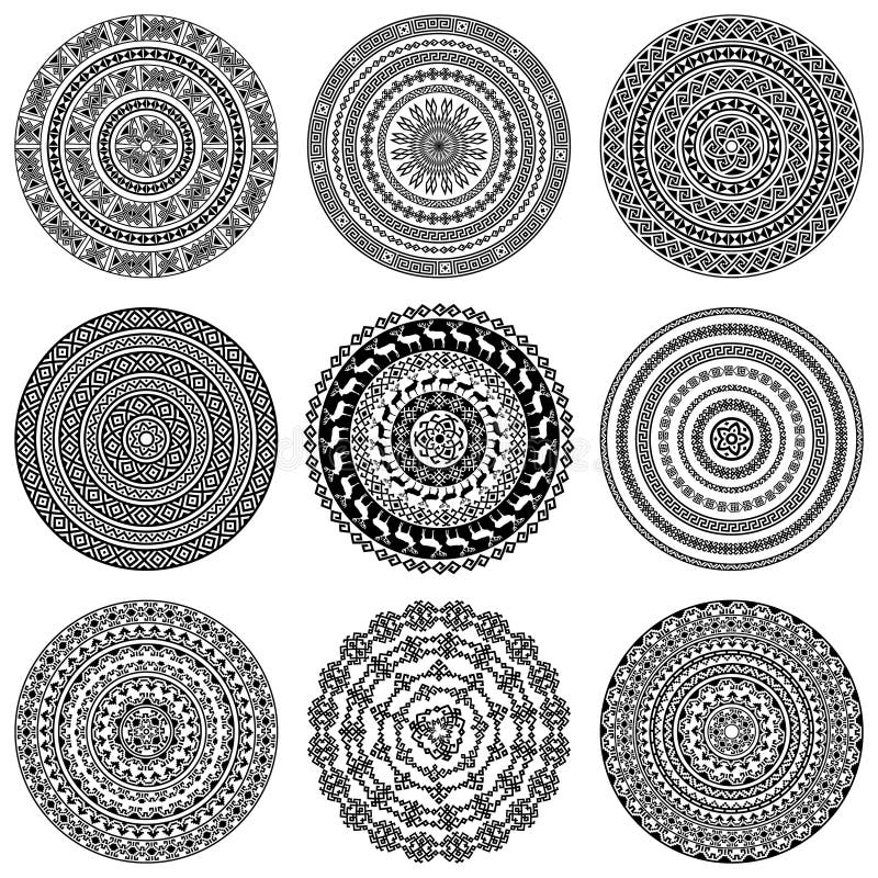 Ensemble de neuf 9 éléments ronds monochromatiques ethniques de conception d'isolement sur le blanc illustration de vecteur Ensemble de neuf 9 éléments ronds monochromatiques ethniques de conception d'isolement sur le blanc illustration de vecteur