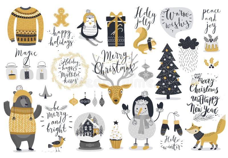 Ensemble de Noël, style tiré par la main - calligraphie, animaux et d'autres éléments illustration libre de droits Ensemble de Noël, style tiré par la main - calligraphie, animaux et d'autres éléments illustration libre de droits