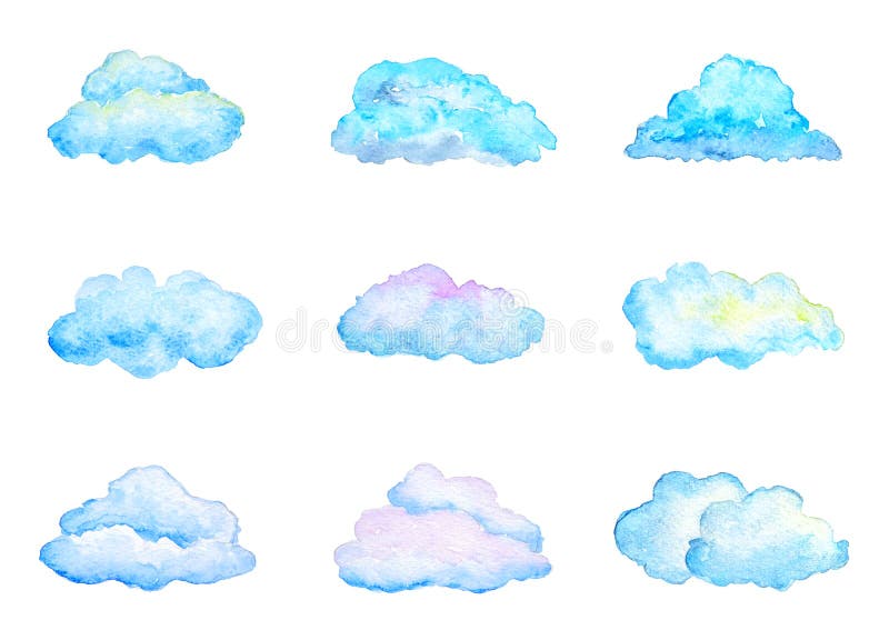 Ensemble de nuages bleus lumineux d'aquarelle, d'isolement sur le blanc illustration stock