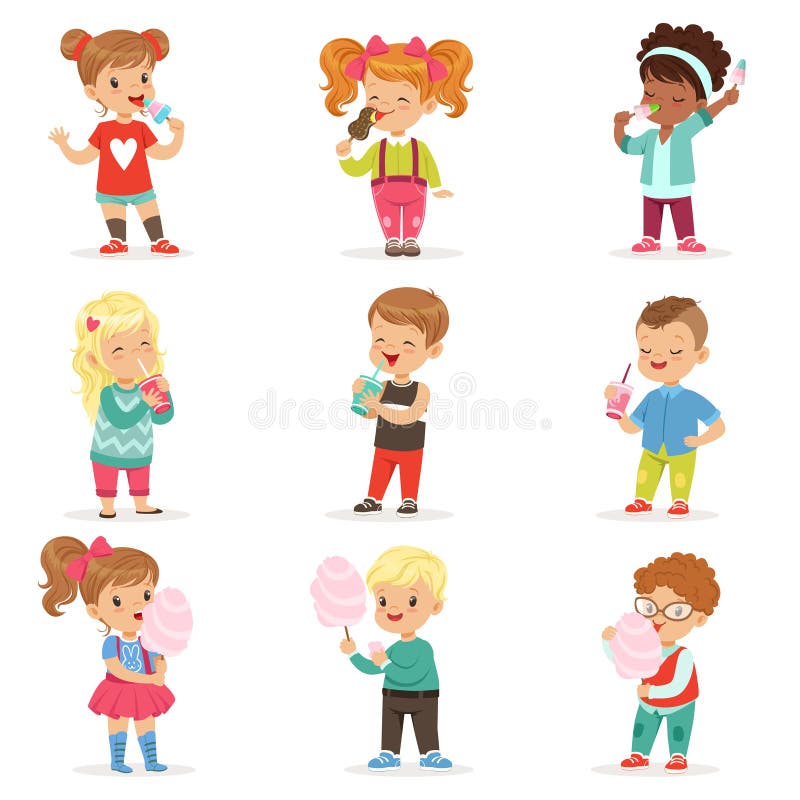Ensemble de petits garçons et de filles buvant des cocktails et mangeant des bonbons illustration de vecteur Ensemble de petits garçons et de filles buvant des cocktails et mangeant des bonbons illustration de vecteur
