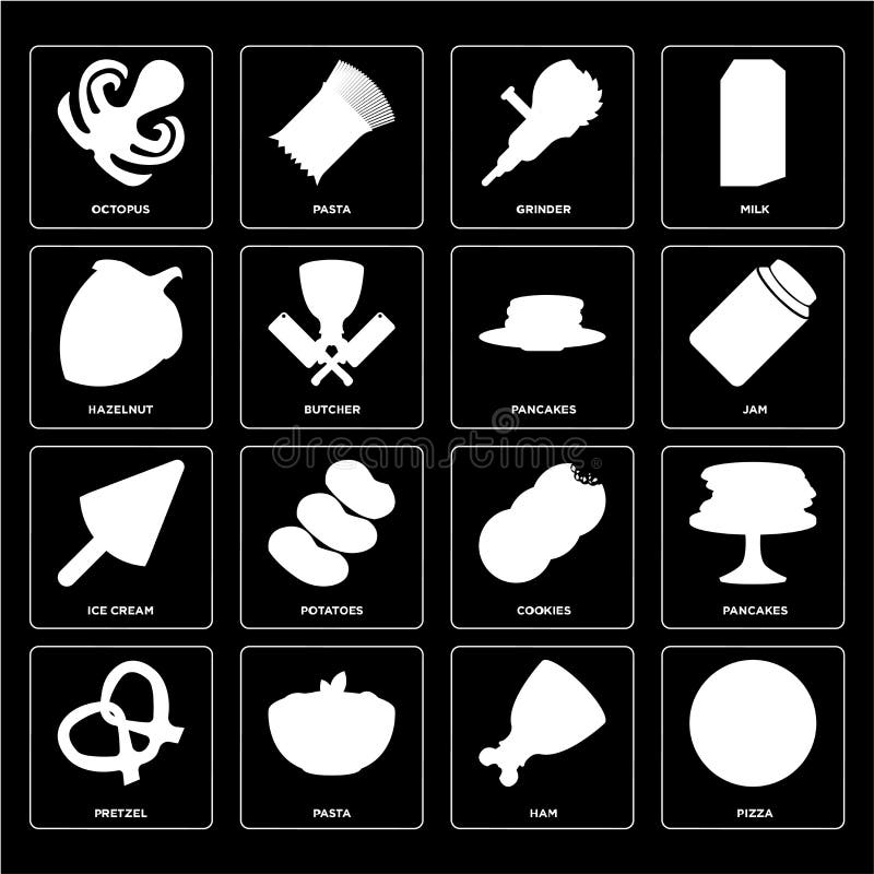 Ensemble de pizza, jambon, bretzel, biscuits, crème glacée, crêpes, Hazeln illustration de vecteur Ensemble de pizza, jambon, bretzel, biscuits, crème glacée, crêpes, Hazeln illustration de vecteur