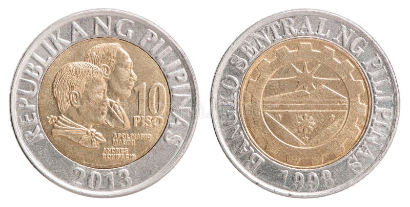 Philippine peso coin with the image of 10 Apolinario Mobilini and Andres Bonifacio. Philippine peso coin with the image of 10 Apolinario Mobilini and Andres Bonifacio