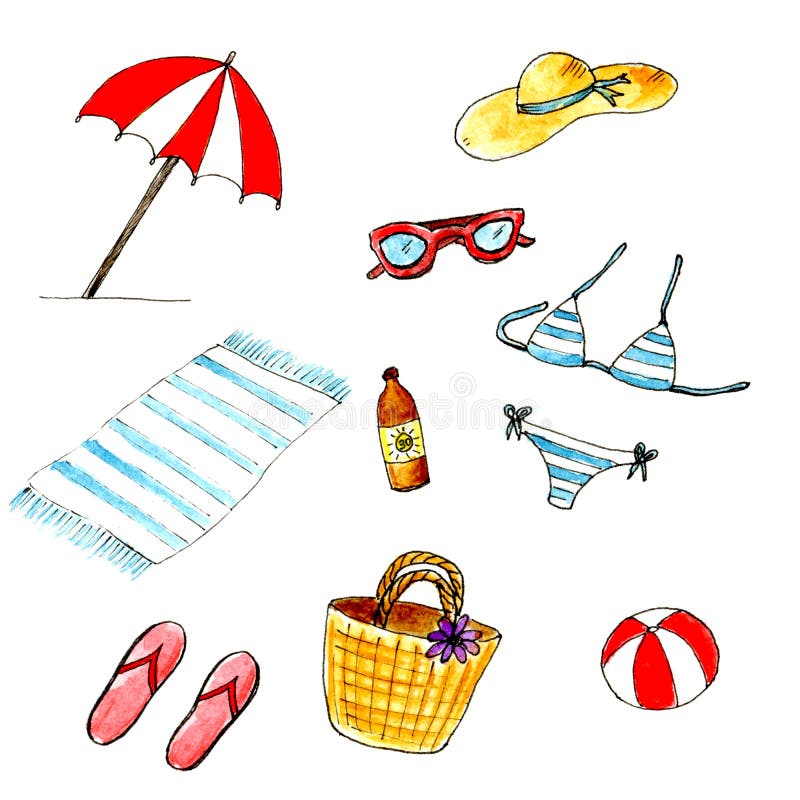 Ensemble de plage d'été d'isolement par aquarelle Vacances d'été, ayant un repos sur la plage illustration stock Ensemble de plage d'été d'isolement par aquarelle Vacances d'été, ayant un repos sur la plage illustration stock