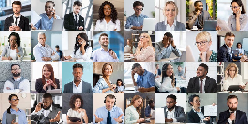 Ensemble de portraits d'entreprises masculines et féminines. employés d'entreprise de tous âges et de toutes races affichant diver photos stock