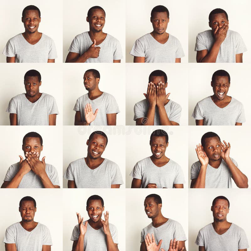Ensemble de portraits du ` s d'homme de couleur avec différentes émotions