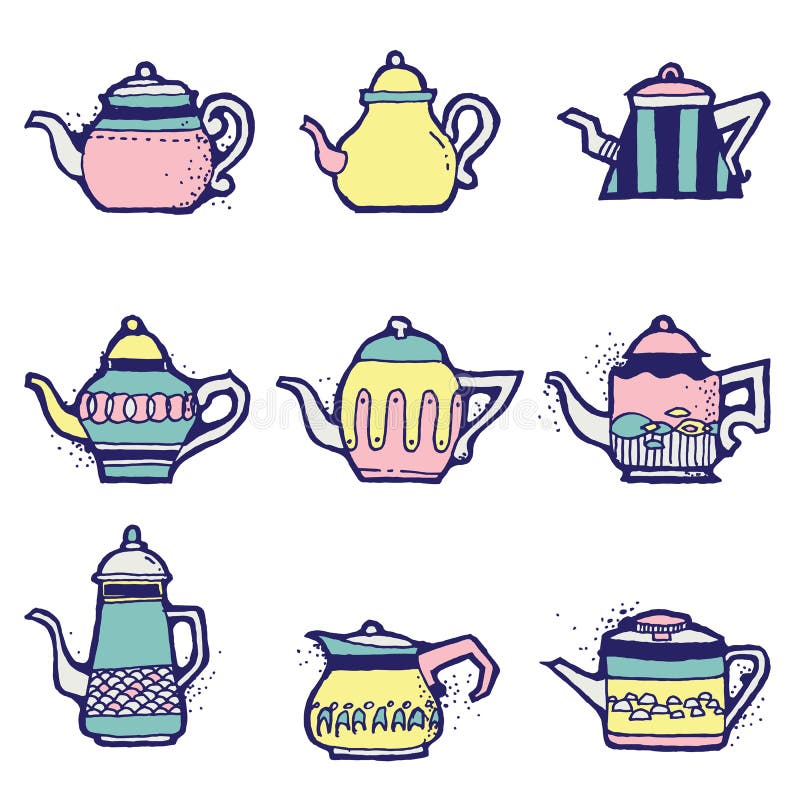 Ensemble de pots tirés par la main de thé de vintage illustration de vecteur Ensemble de pots tirés par la main de thé de vintage illustration de vecteur