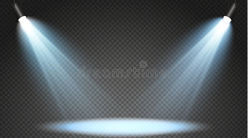Ensemble de projecteurs colorés sur un fond transparent Éclairage lumineux avec des projecteurs Le projecteur est blanc, bleu illustration stock