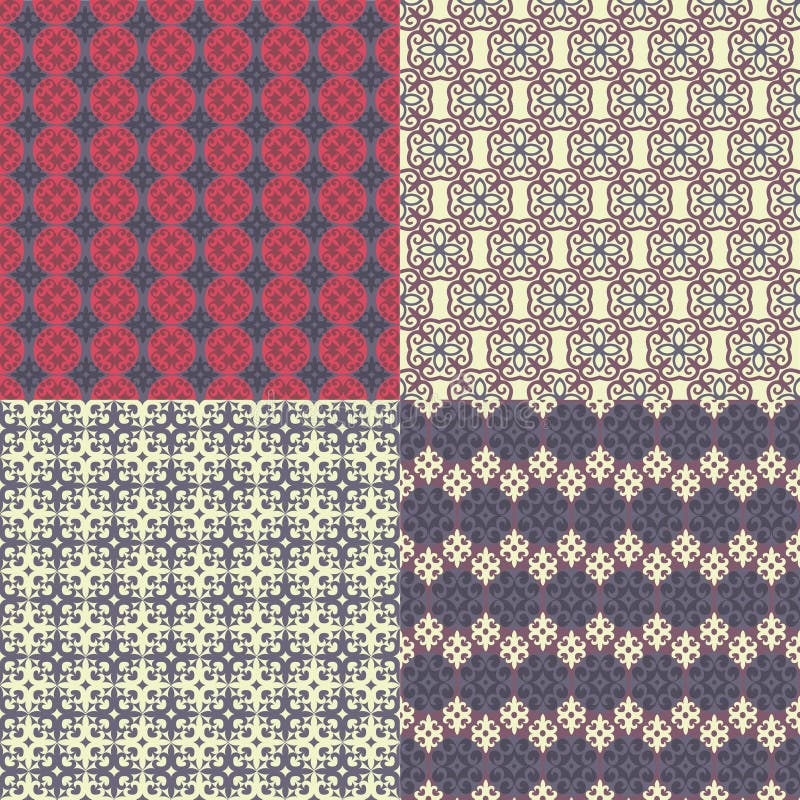 Ensemble de quatre configurations sans joint Kazakh, Asiatique, tapotement floral et floral illustration stock Ensemble de quatre configurations sans joint Kazakh, Asiatique, tapotement floral et floral illustration stock