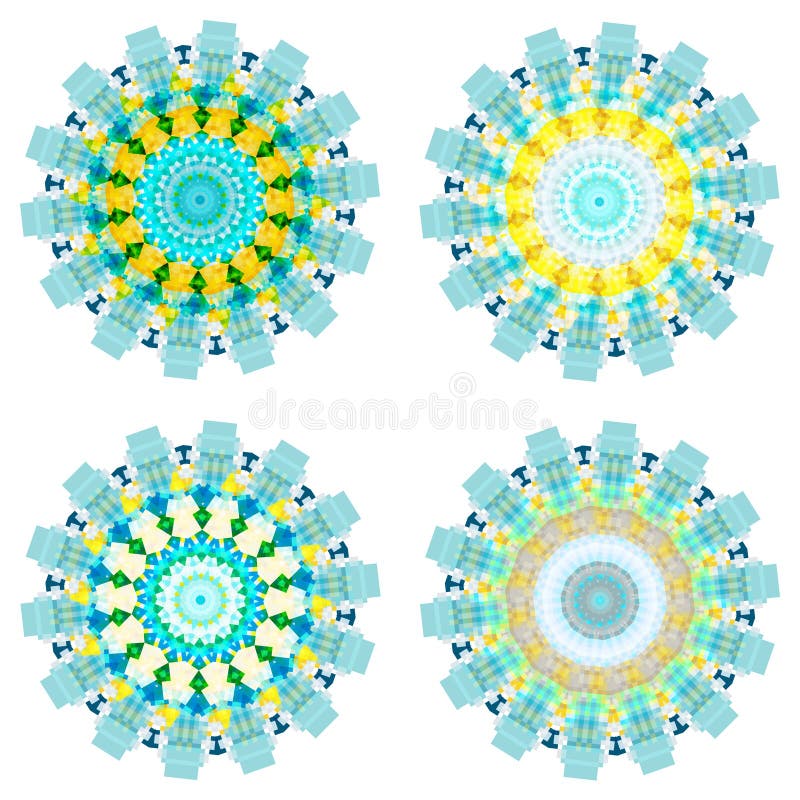 Ensemble de quatre mandalas colorés géométriques illustration stock Ensemble de quatre mandalas colorés géométriques illustration stock